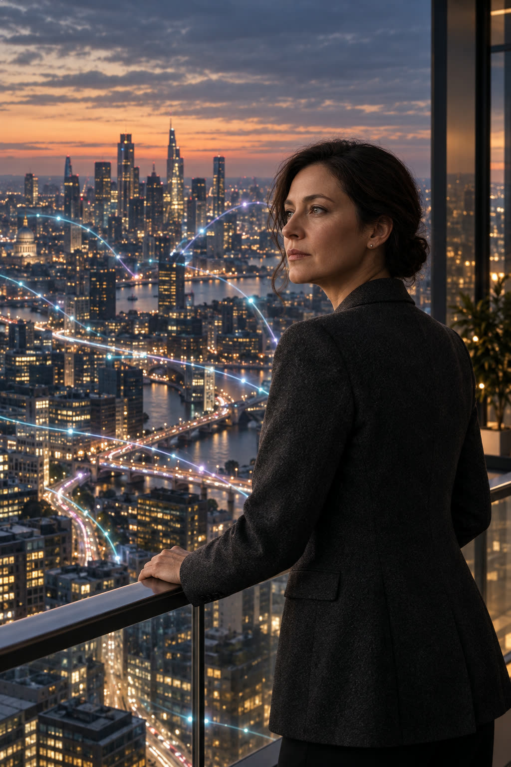 Briony looking out over a city at dusk, threads of light running between the buildings